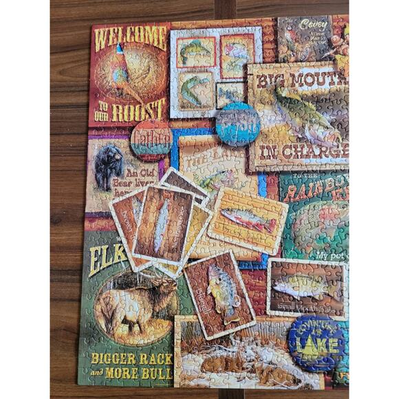 Jigsaw Puzzle 1000 Pcs Rustic Lodge Hunting Fishing Camping Art Collage Complete - Picture 9 of 9